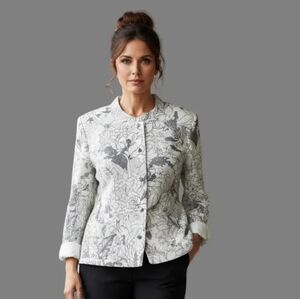 Chicos Linen Blend White Black Print Monkey Button Down Top Blazer Size 2